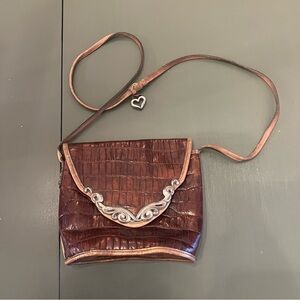 Brighton Croc-Embossed Brown Leather Crossbody Bag with Decorative Silver Trim